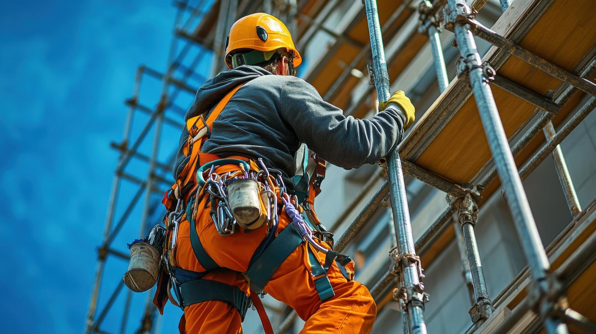 Arbeiter klettert auf Baugerüst mit Gurt | Arbeitsbühne mieten Bocholt