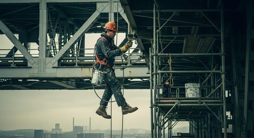 Monteur arbeitet gesichert an Stahlgerüst | Arbeitsbühne mieten Bocholt