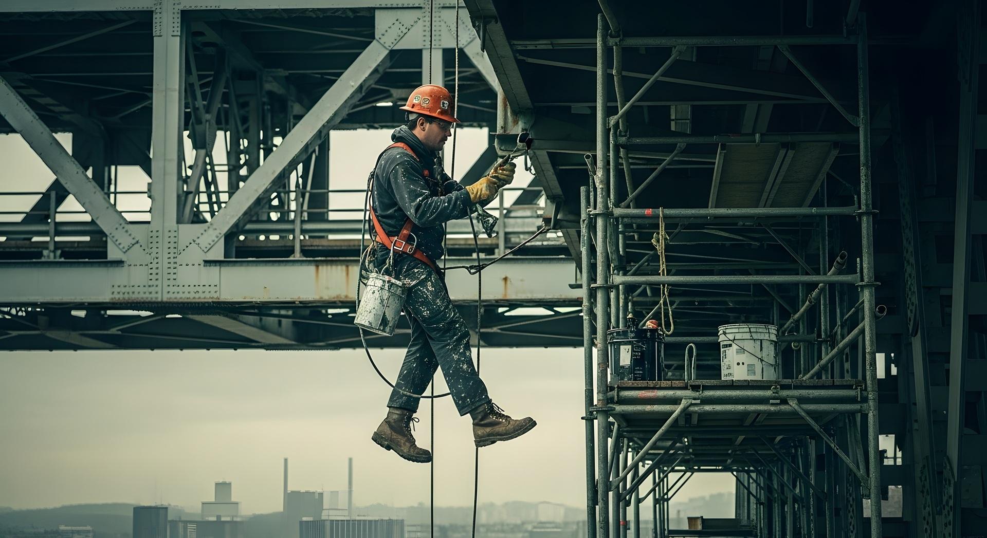 Monteur arbeitet gesichert an Stahlgerüst | Arbeitsbühne mieten Bocholt